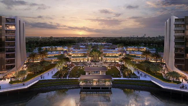 A concept image of The Lanes Retail Resort at Mermaid Waters in the evening.