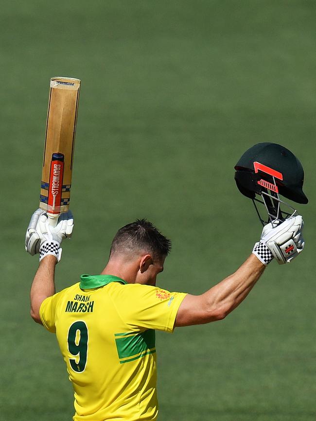 Shaun Marsh of Australia celebrates his century in the second ODI against India. Picture: Getty Images