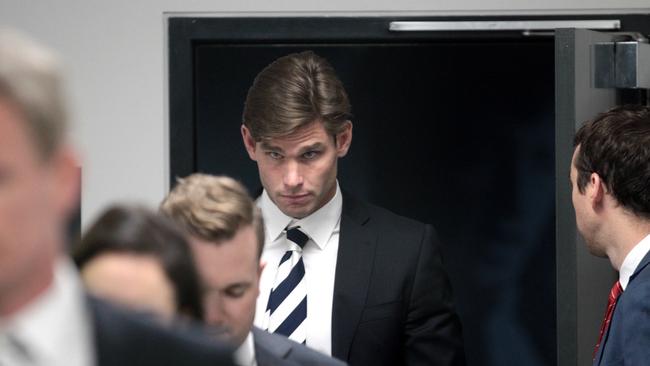 Geelong Cats forward Tom Hawkins leaves after his hearing at the AFL Tribunal in Melbourne. Picture: Stefan Postles/AAP