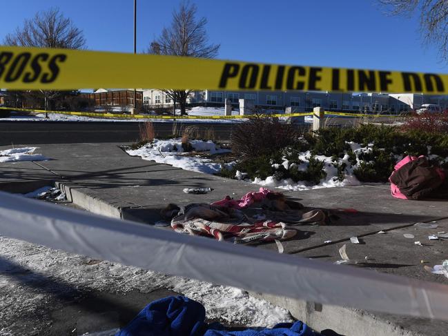 Blood-stained clothing is seen on the ground near Club Q, an LGBTQ nightclub in Colorado Springs. Picture: AFP.