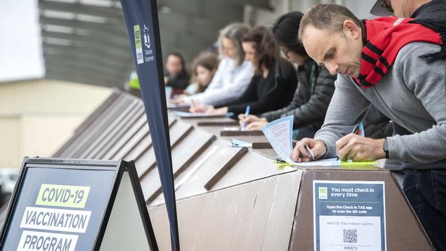 Hobartians visit the mass vaccination clinic at MAC 02. Picture: Chris Kidd