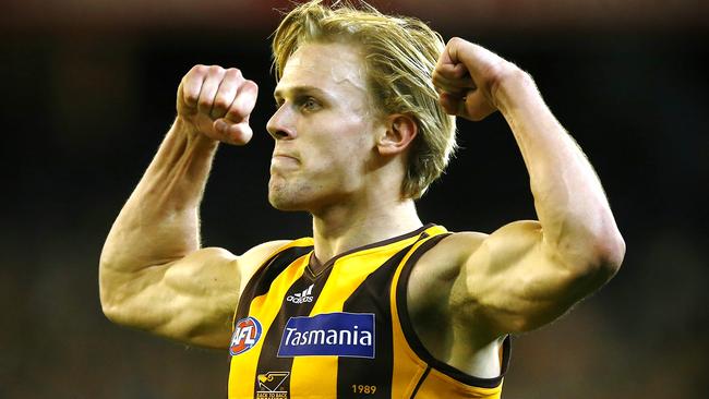 Hawk Will Langford celebrates his goal after the three quarter-time siren. Picture: Wayne Lubdey