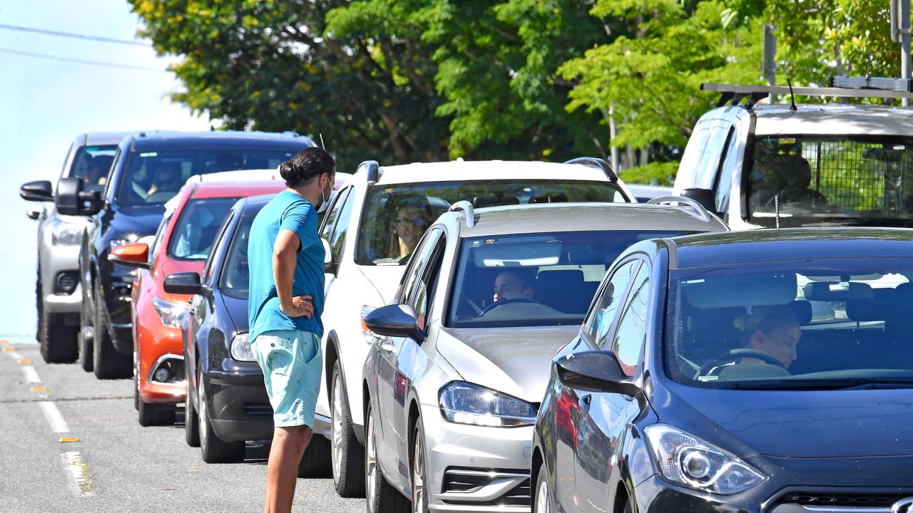 The line up for a drive-through testing centre in Brisbane’s north stretched for kilometres on Tuesday morning. Picture: NCA NewsWire/John Gass