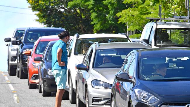 The line up for a drive-through testing centre in Brisbane’s north stretched for kilometres on Tuesday morning. Picture: NCA NewsWire / John Gass