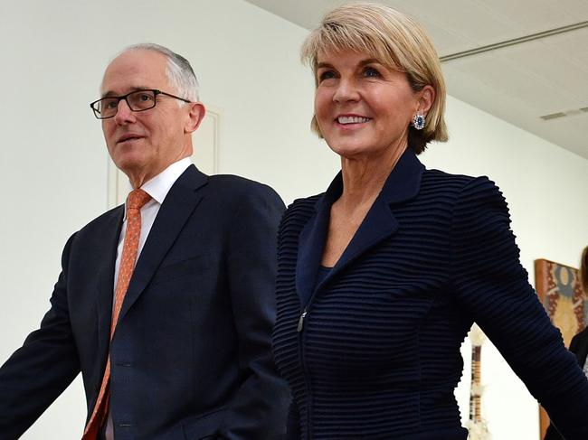 Malcolm Turnbull walks with his then foreign minister Julie Bishop last year.