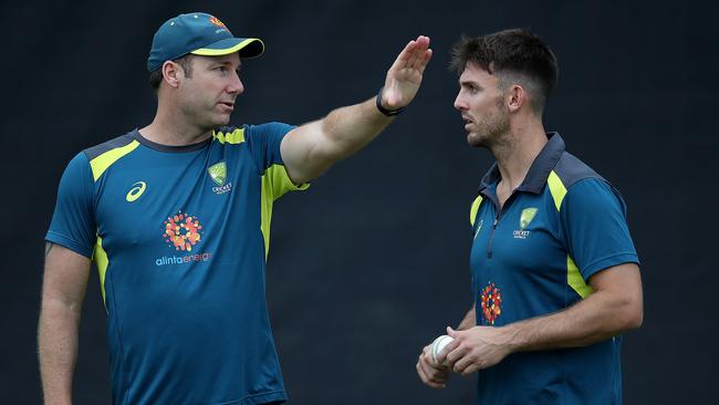 Mitchell Marsh takes advice from Aussie bowling coach Adam Griffiths.