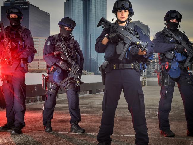 Senior Constable Loren Truter in action with the critical incident response team. Picture: Tony Gough