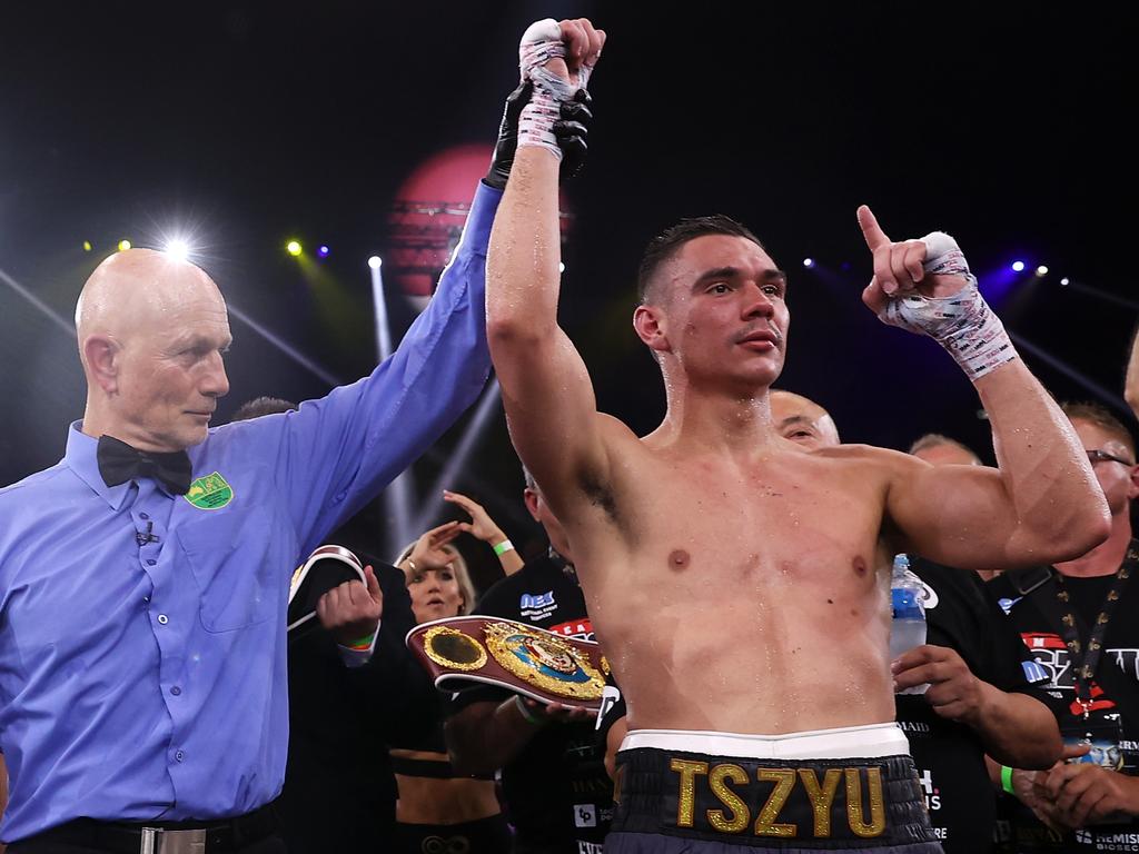 Tim Tszyu celebrates winning by a dominant unanimous decision over Takeshi Inoue. Picture: Mark Kolbe/Getty Images
