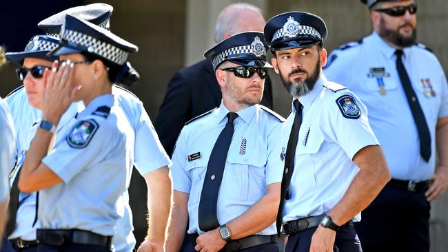 Police at the Brisbane Entertainment Centre ahead of the service with full police honours for fallen officers Constable Rachel McCrow and Constable Matthew Arnold. Picture: NCA NewsWire / John Gass