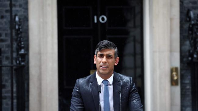 Drenched, Rishi Sunak at 10 Downing Street in may, announcing the date of the UK election. Picture: AFP