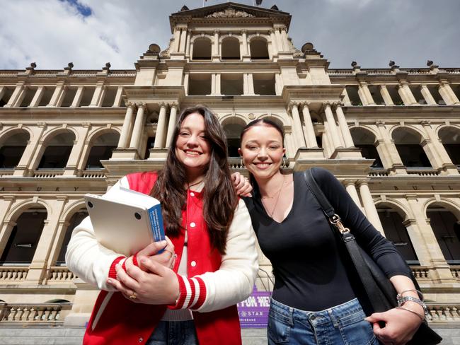 L to R, Emily Khan doing a Bachelor of Law (Honours)/International Relations & Political Science, with Caitlin McNee doing Bachelor of Advanced Political Science and International Relations (Honours), they are Students in Reddacliffe Place Brisbane, on Thursday September 5th 2024 - Photo Steve Pohlner