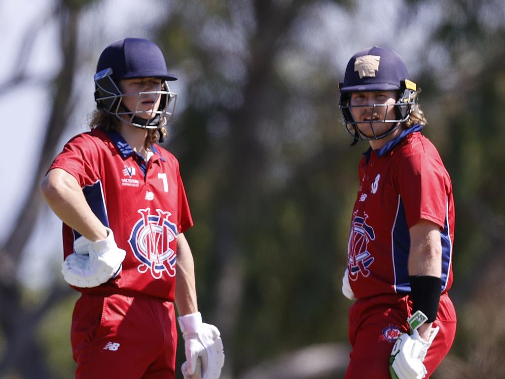 Harry DeMattia, 16, out in the middle with Will Pucovski for Melbourne in Premier Cricket. Picture: Alex Coppel