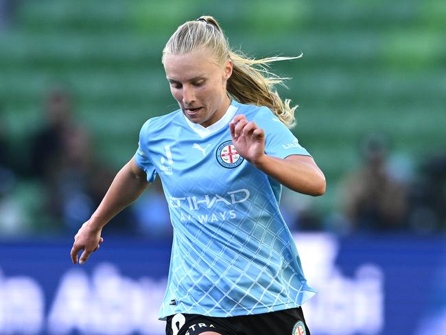 MELBOURNE, AUSTRALIA - NOVEMBER 12: Holly McNamara of Melbourne City controls the ball during the A-League Women round four match between Melbourne City and Western Sydney Wanderers at AAMI Park, on November 12, 2023, in Melbourne, Australia. (Photo by Quinn Rooney/Getty Images)