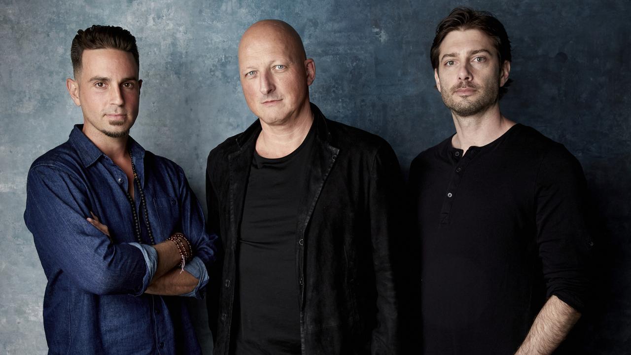 Wade Robson, director Dan Reed and James Safechuck pose for a portrait to promote the film "Leaving Neverland" during the Sundance Film Festival.