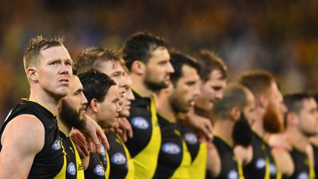 MELBOURNE, AUSTRALIA - SEPTEMBER 06: Jack Riewoldt of the Tigers stands for the national anthem during the AFL First Qualifying Final match between the Richmond Tigers and the Hawthorn Hawks at Melbourne Cricket Ground on September 6, 2018 in Melbourne, Australia. (Photo by Quinn Rooney/Getty Images)