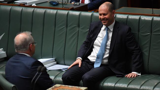 Scott Morrison and Josh Frydenberg in federal parliament. Picture: Getty