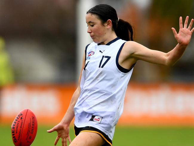 Mizuki Brothwell takes a kick in the Victorian Diversity All-Stars U18 Girls match between Vic Country and Vic Metro. Photo: Josh Chadwick/AFL Photos/via Getty Images