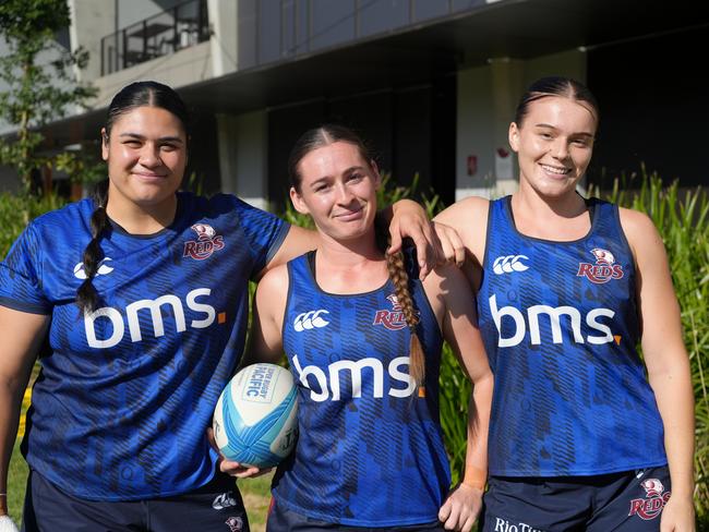 Bond University girls (from left) Eva Karpani, Faythe Manera and Jemma Bemrose will join with Queensland Reds women's teammates at a Gold Coast training session on Saturday. Photo: Neha Kumar.