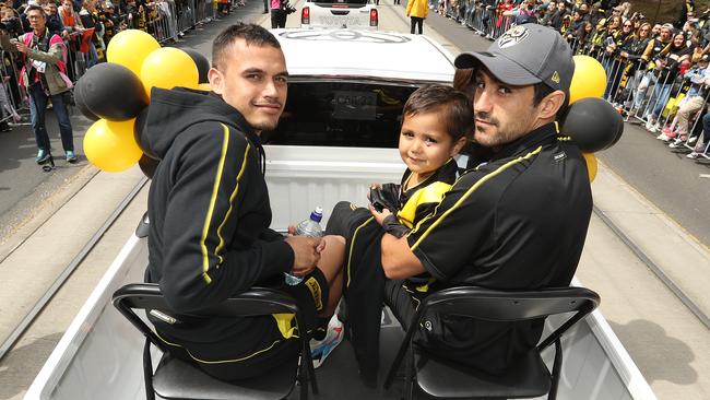 Tigers duo Sydney Stack, left, and Marlion Pickett at the AFL grand final parade in Melbourne. Picture: Getty Images