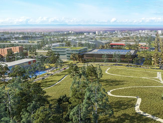 Embargoed for The Daily Telegraph. Embargoed for online 6am Friday 25th. Aerotropolis Precinct Plan.  View1 Hilltop park within enterprise zone looking North towards Strategic Centrel