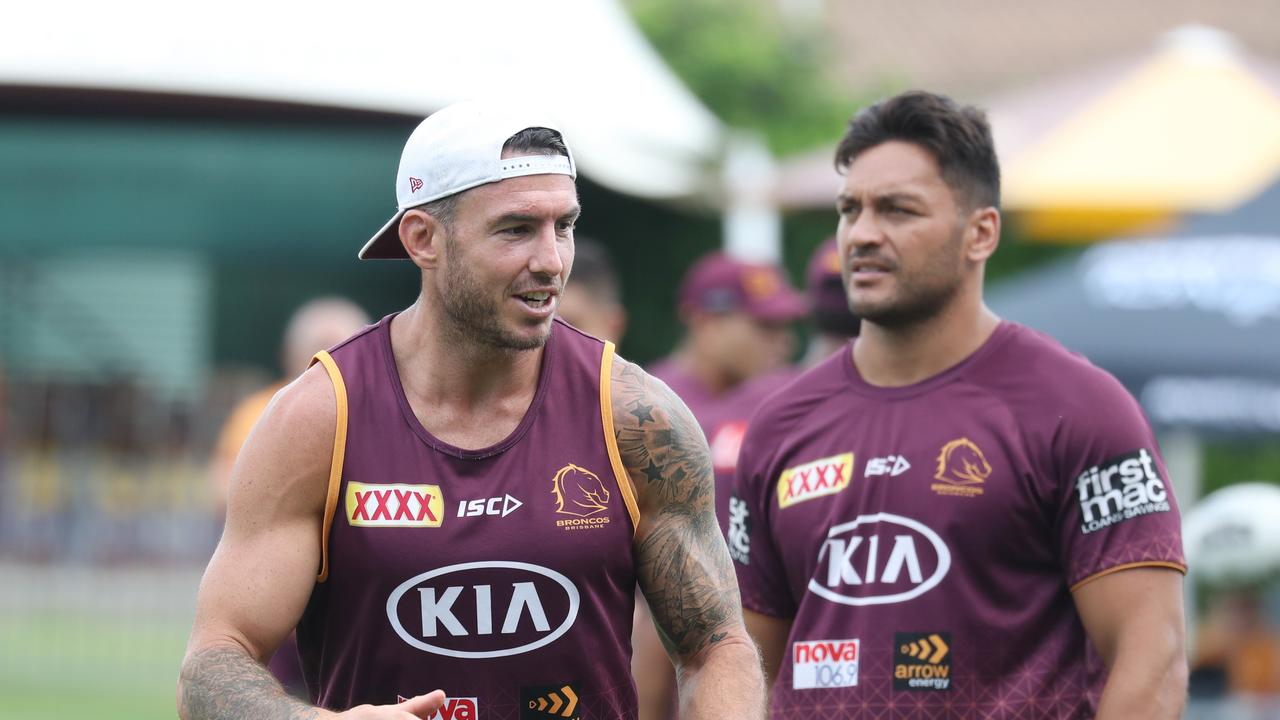 Darius Boyd and Alex Glenn at Broncos training at Red Hill. Pic Annette Dew