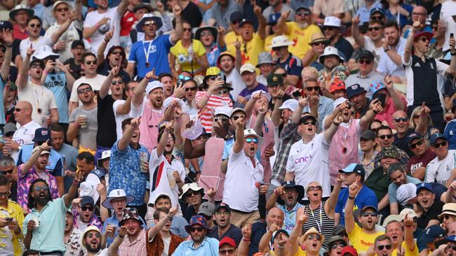 Supporters in the Hollies Stand enjoy the day during Day 2 of the Ashes 1st Test match between England and Australia at Edgbaston. Picture: Getty