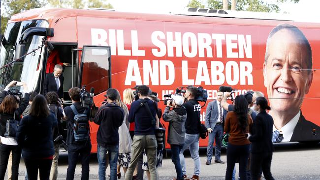 GOSFORD, AUSTRALIA - MAY 13: Labor Opposition Leader Bill Shorten arrives on his bus at at St Joseph's Catholic College on May 13, 2019 in Gosford, Australia. Labor released their 'Fair Go' Plan for students in the Central Coast area. The federal election will be held on 18 May 2019. (Photo by Ryan Pierse/Getty Images)