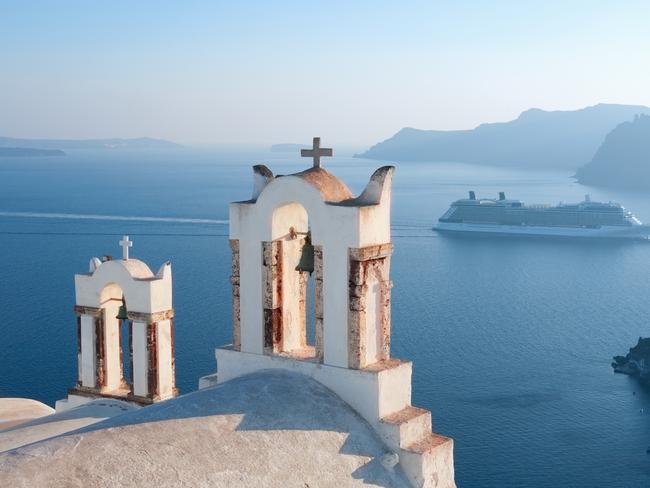 Beautiful view of famous Greek churches in the mediterranean island of Santorini. Cruise ship in the backgroundPhoto - iStockESCAPE 20 MARCH 2022Doc Holiday cruise report