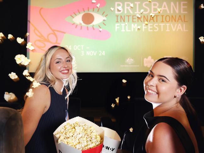 Phoebe Condon (blond) from Coorparoo, with Cassidy Lacey (brunette) from Northgate, for the opening of BIFF Film Festival this Weekend, Denny Coorparoo - on Wednesday 23rd of October 2024 - Photo Steve Pohlner