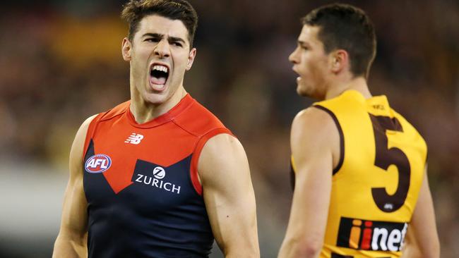 Christian Petracca celebrates his goal. Picture: Michael Klein