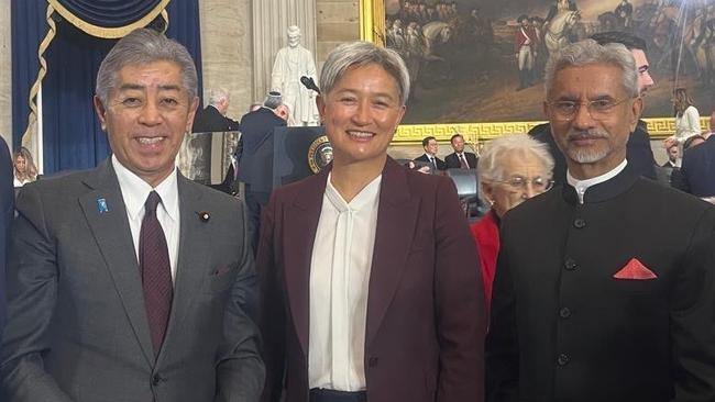 Foreign Minister Penny Wong joined her Quad counterparts Takeshi Iwaya of Japan, left, and Subrahmanyam Jaishankar of India at Donald Trump’s inauguration in Washington. Picture: X