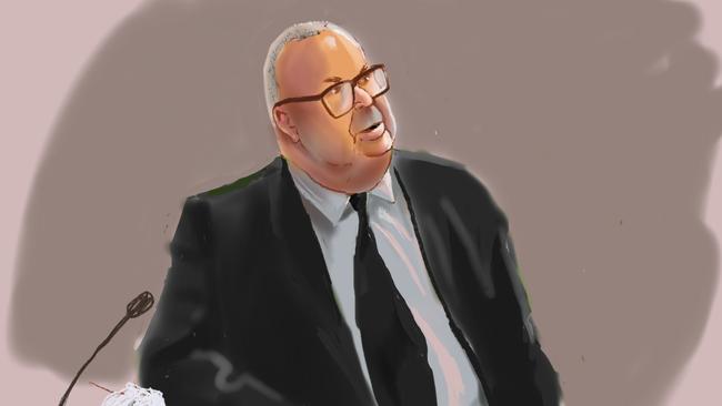 An artist’s impression of Hunter Valley bus driver Brett Button as he gave evidence at his sentence hearing. He was sentenced a maximum 32 years in jail with a non-parole period of 24 years. Court Sketch: NewsWire/ Rocco Fazzari