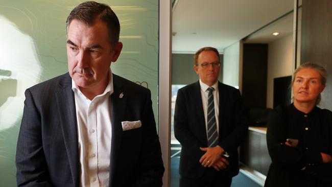 Virgin Australia CEO Paul Scurrah, left, and administrator Vaughan Strawbridge of Deloitte, centre. Picture: John Feder