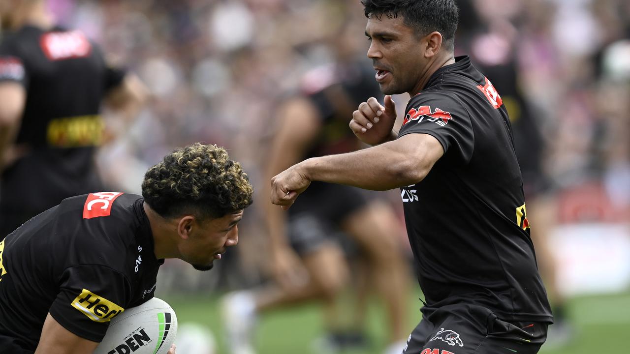 Tyrone Peachey (right) and Izack Tago at a Panthers fan day in 2023.