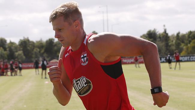 St Kilda’s Nick Riewoldt was injured against the Demons.