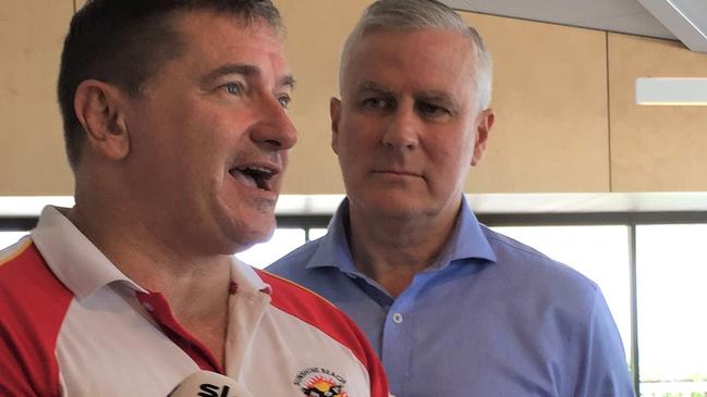 FEDERAL FEUD: Member for Wide Bay Llew O'Brien and Deputy Prime Minister Michael McCormack forced a united front at the official opining of Sunshine Beach Surf Lifesaving Club. Photo: Caitlin Zerafa