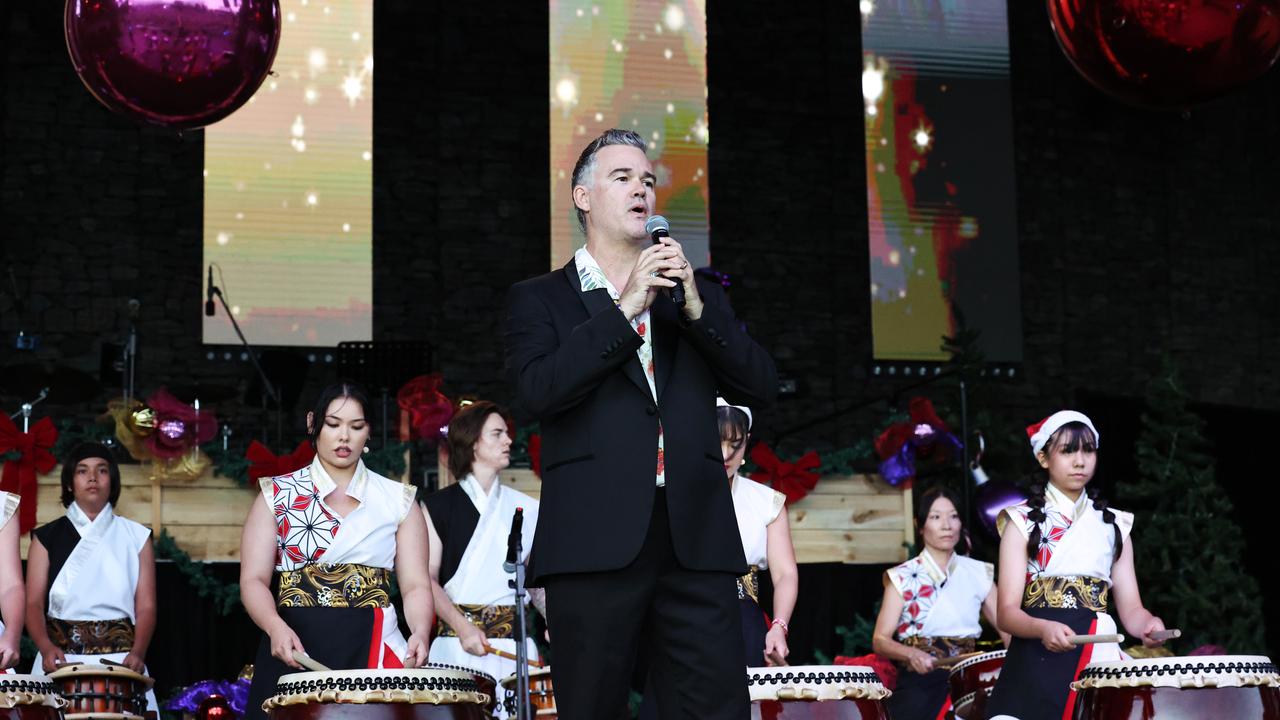 Adrian Strooper and Drum Infinity Japanese drumming group open the Carols in the Park, held at Munro Martin Parklands. Picture: Brendan Radke