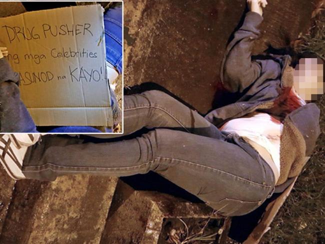 Aurora Moynihan, 45, was shot five times in the chest and dumped on a street corner in Quezon City. The inset shows a sign left near her body which reads: ‘Celebrity drug pusher, you’re next.’