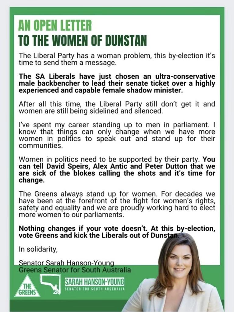 A letter given to Dunstan residents by Greens Senator Sarah Hanson-Young. Picture: Supplied