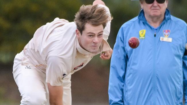 Glenelg standout Liam Scott bowling against East Torrens. Picture: Brenton Edwards