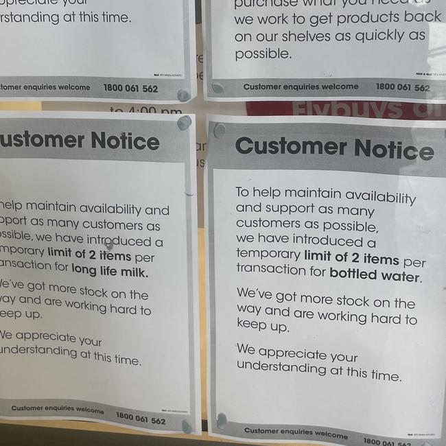 Rationing signs at Newmarket Coles on Monday morning.