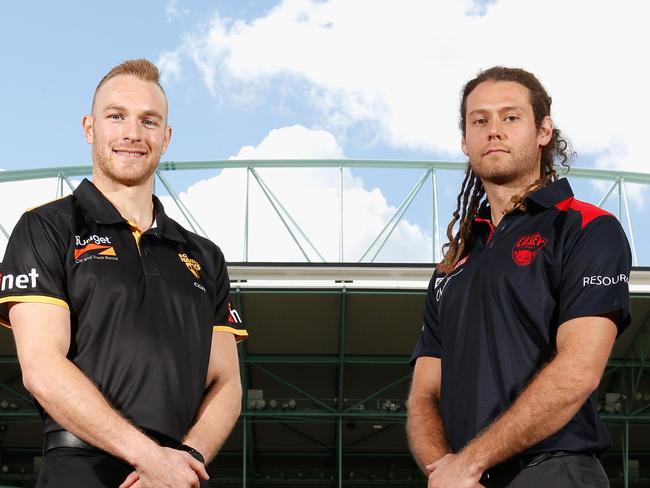 Jack Hutchins and Box Hill’s Andrew Moore at a VFL grand final press call in 2018.