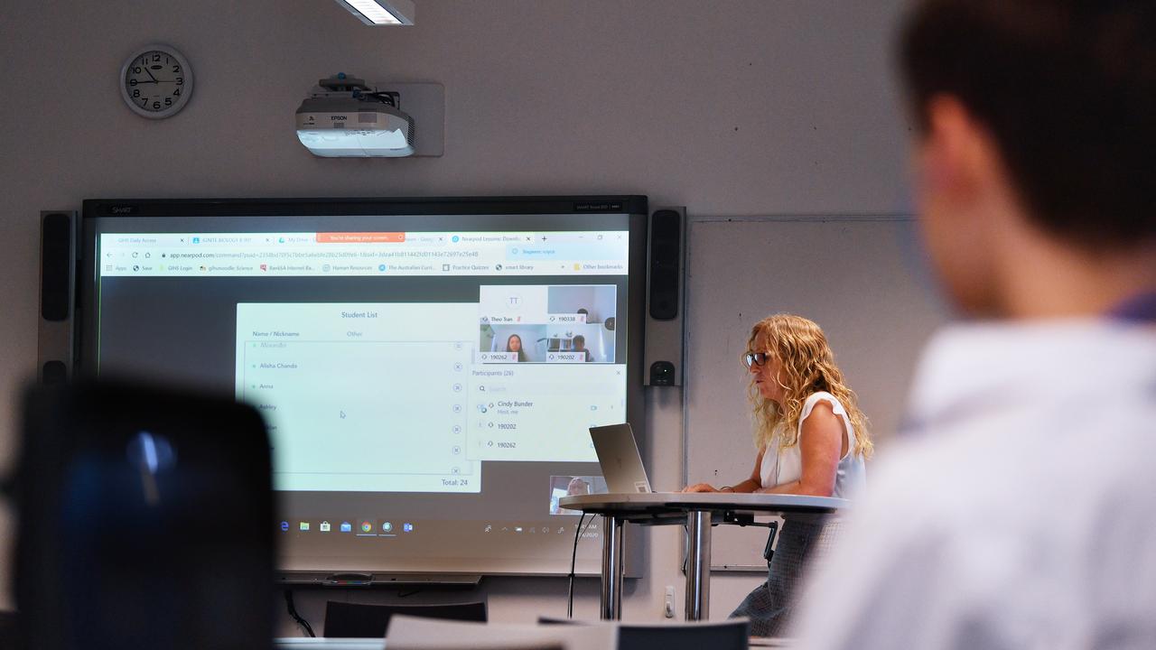 Teacher Cindy Bunder is seen demonstrating a virtual classroom at Glenunga High School in Adelaide. Picture: AAP/David Mariuz