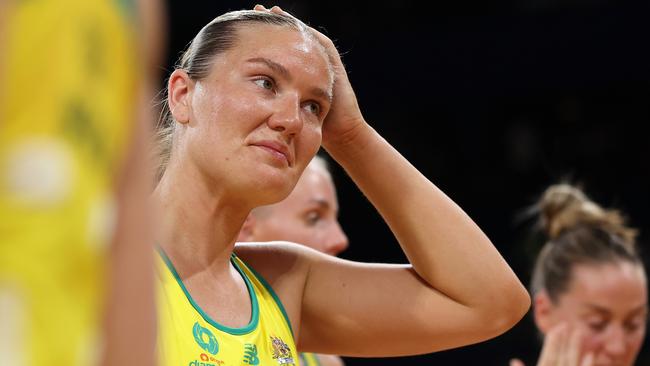 PERTH, AUSTRALIA - OCTOBER 27: Courtney Bruce of Australia looks on after being defeated during game three of the Constellation Cup between Australia Diamonds and Silver Ferns at RAC Arena on October 27, 2024 in Perth, Australia. (Photo by Paul Kane/Getty Images)