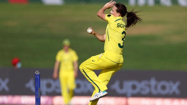 Australia's Megan Schutt didn’t bowl until the 17th over. Picture: Marty Melville / AFP