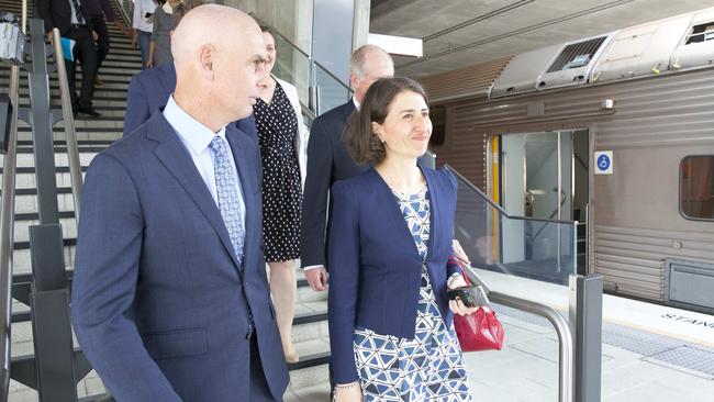 Camden State MP Chris Patterson with NSW Premier Gladys Berejiklian at Leppington Station.