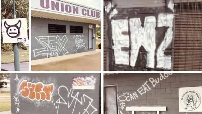 Graffiti vandals targeted Teachers West Rugby Club at Warrina Park in Currajong over the weekend. The club has been hit a dozen times in recent years. Pictures: Supplied.