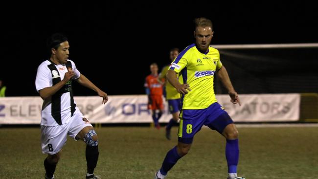 Gold Coast United midfielder Justyn McKay (right) in action against Easts in the 2019 NPL Queensland football competition. Picture: Craig Clifford