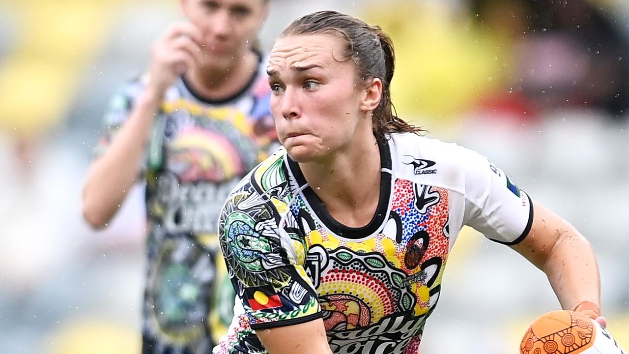TOWNSVILLE, AUSTRALIA - FEBRUARY 16: Kirra Dibb of the Indigenous All-Stars runs the ball during the NRL All-Stars match between Women's Australia Indigenous All Stars and Aotearoa NZ Maori Tane All Stars at Queensland Country Bank Stadium on February 16, 2024 in Townsville, Australia. (Photo by Ian Hitchcock/Getty Images)