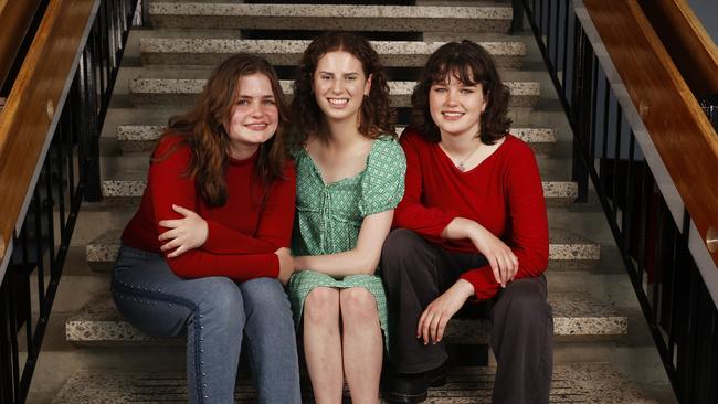 Chelsea March 18, Felicity Jackson 18, Jemima Baghurst 18 from Hobart College who all scored an ATAR that landed them in the top 12 students in Tasmania for 2023.  Picture: Nikki Davis-Jones